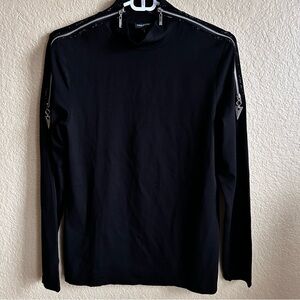 Tricotto Embellished Black Mock Neck Long Sleeve Top with Zipper Accents